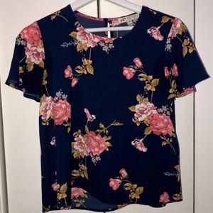 Navy Blue Pink Floral Print Blouse